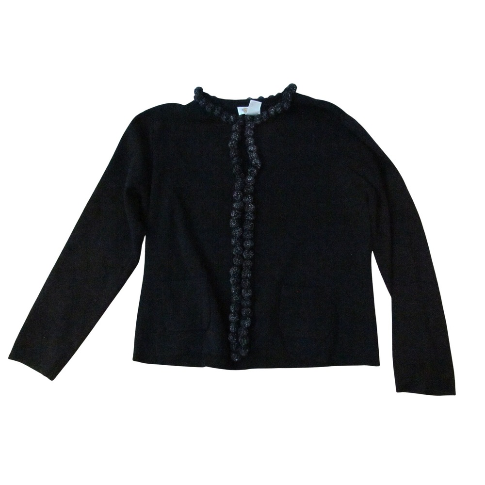 Talbots Cardigan XL Black Bobble Trim Open Front Cotton Blend Sweater
